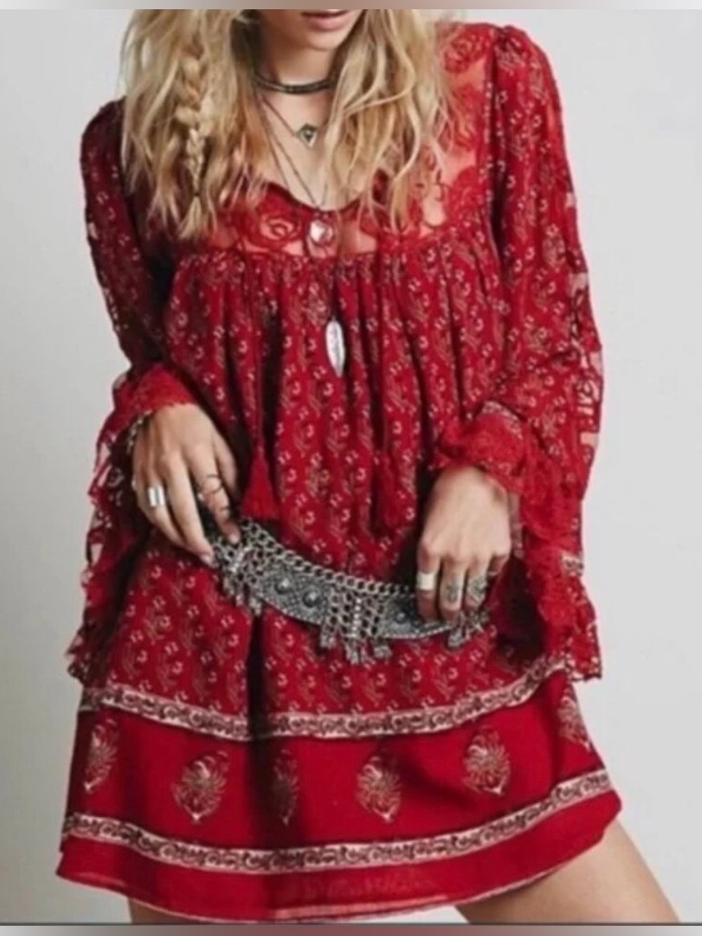 Free People Nomad Child Red Lace Inset Bell Sleeve Boho Mini Dress